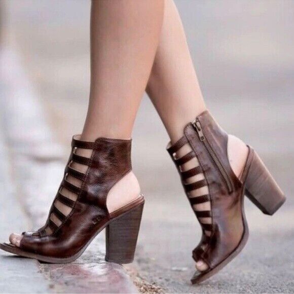 Bed Stu Occam Wedge Caged Sandals Sz 8 Teak Rustic Leather Peep Heels - Picture 1 of 10